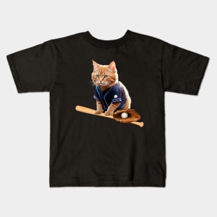 Funny Sporty Baseball Player Athlete Cat Kids T-Shirt